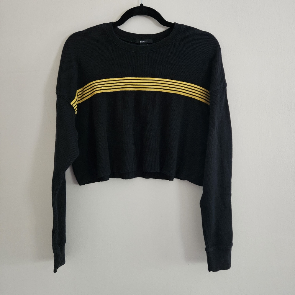 Forever 21 Black Yellow Striped Cropped Hoodie Shirt Long Sleeve Cotton Medium